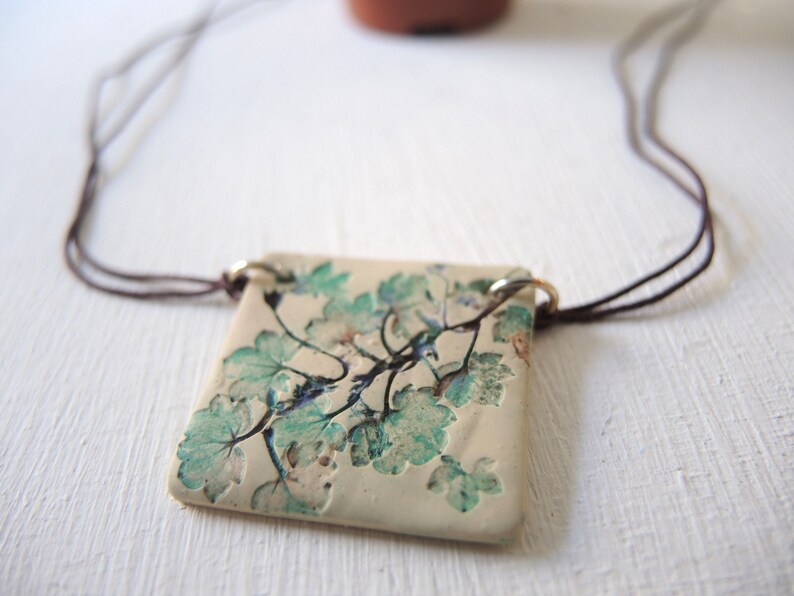 Japanese Art Green Leaves statement choker, Hand painted square pendant, Brown cord pendant choker Japan lover, Wearable art Green choker image 1