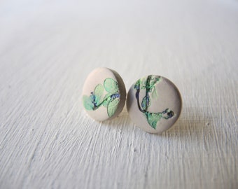 Blueberry milk round studs, Green leaf stud earrings, Real leaf impression earrings, Blueberry milk  button earrings, Fashion colors studs