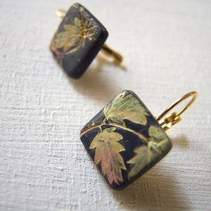 Leaves square drop lever back earrings, Mismatched Leaf Art Nouveau earrings, Hand painted square earring, Dark blue elegant earring for her image 4