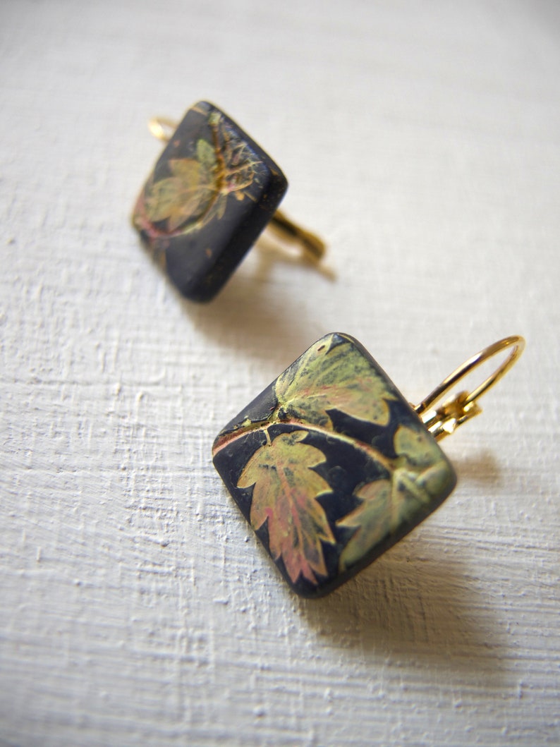 Leaves square drop lever back earrings, Mismatched Leaf Art Nouveau earrings, Hand painted square earring, Dark blue elegant earring for her image 4