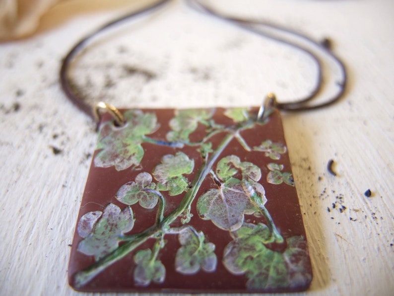 Japanese Art Green Leaves statement choker, Hand painted square pendant, Brown cord pendant choker Japan lover, Wearable art Green choker image 9