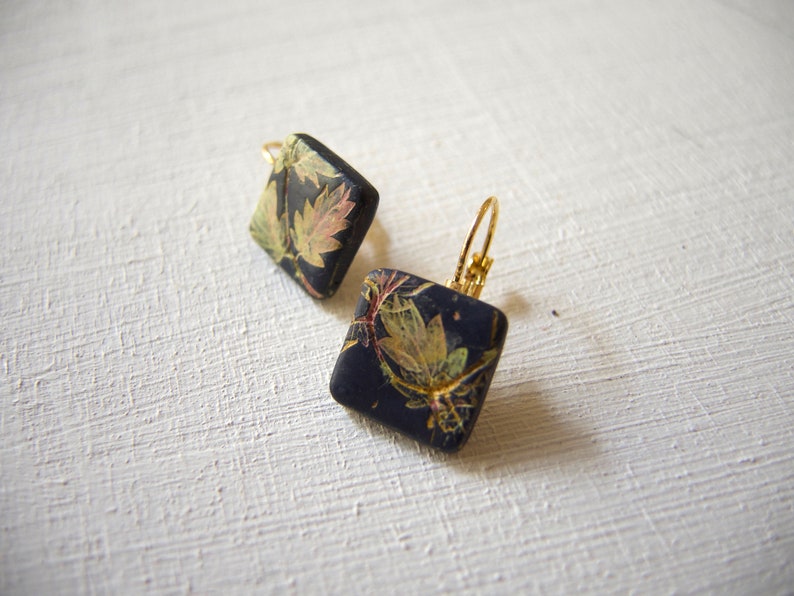 Leaves square drop lever back earrings, Mismatched Leaf Art Nouveau earrings, Hand painted square earring, Dark blue elegant earring for her image 5