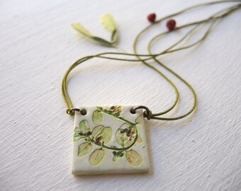 Bridal Leaf Choker Pendant, Japanese Art Green Leaves statement choker, Hand painted square pendant, Green cord pendant adjustable choker