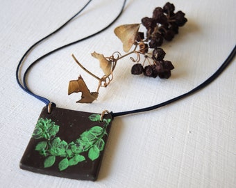 Dark Brown Mint green statement necklace, Hand painted pendant, Blue silk cord pendant necklace, Fashion colors unique gift, For her leaves