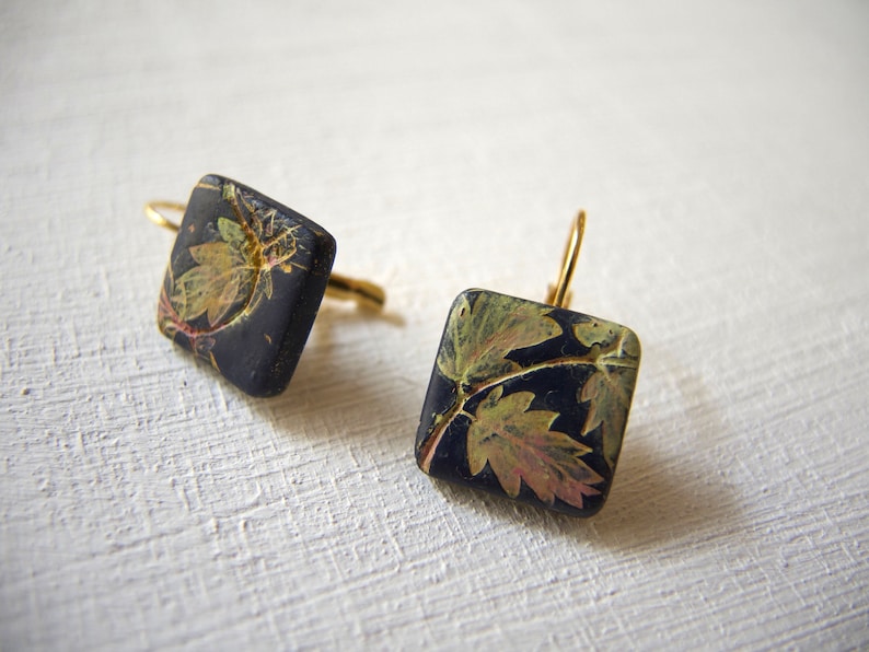 Leaves square drop lever back earrings, Mismatched Leaf Art Nouveau earrings, Hand painted square earring, Dark blue elegant earring for her image 2