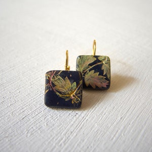Leaves square drop lever back earrings, Mismatched Leaf Art Nouveau earrings, Hand painted square earring, Dark blue elegant earring for her image 6