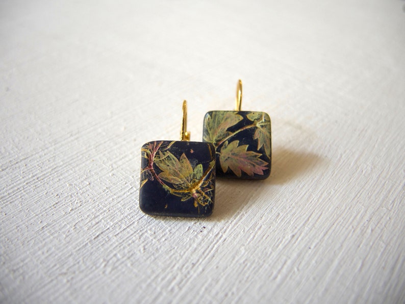 Leaves square drop lever back earrings, Mismatched Leaf Art Nouveau earrings, Hand painted square earring, Dark blue elegant earring for her image 6