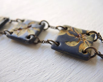 Floral Panel Link Bracelet, Blue Vintage Leaves Link Panel Bracelet, Art Nouveau Blue Bracelet, Belle Epoque Amaranthus Leaves Link Bracelet