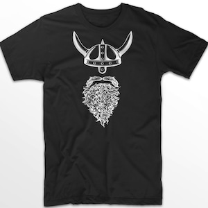 Peut inclure: T-shirt noir avec un graphique blanc d'un casque et d'une barbe de Viking.