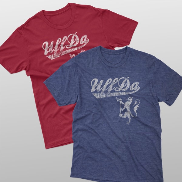 Vintage Uff Da  t-shirt printed on Anvil Lightweight Fashion Short Sleeve T-Shirt in Independence Red or Heather Blue.
