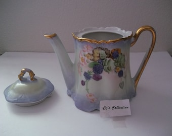 SALE Bavaria B.R.C. Teapot Gorgeous Vintage  Porcelain Mint Condition Lavendar Pastel Blue Gold Light Green Berries Leaves Pink Flowers