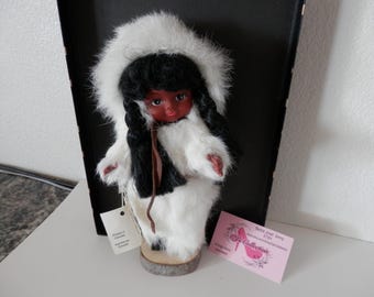 Indian Doll 1970's Made in Canada by Eleni's Furs  Craft Inc. Adorable Indian Girl in Fur Hat & Outfit Braids Brown Eyes Sweet Face Vintage