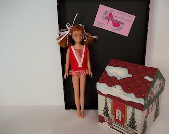 Vintage 1965 Skooter Straight Leg Brunette Hair 1140 Mattel Skippers Friend wearing Skipper's Original Swimsuit Red White Cotton Swimsuit