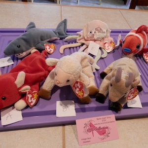 May include: A collection of nine Ty Beanie Babies, including a red bull, a white lamb, a gray shark, a tan goat, a pink jellyfish, and an orange and white clownfish. Each Beanie Baby has a red and white Ty tag attached.