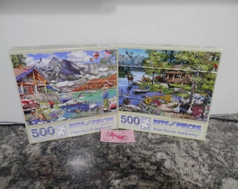 Two puzzles 500 pieces Lake Scene and Cabin by the Lake 18" x 24" Fun Colorful Bits and Pieces Quality Puzzle  Free Ship in Cont US