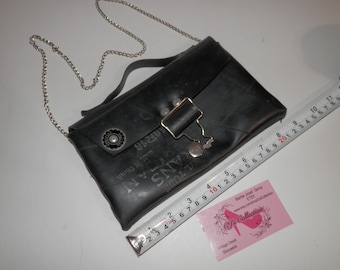 English Retreads CrossBody Bag Purse Wrist Let Messenger Clutch Evening Bag  Handbag Black 9" x 5" Silver Chain & Buckle FREE Ship in U.S.