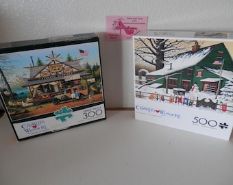 Two Puzzles Charles Wysoki 300 pc "Proud Lil' Angler" & 500 pc"Cocoa Break at the Copperfields" Colorful Quality Pieces Free Ship in Cont US