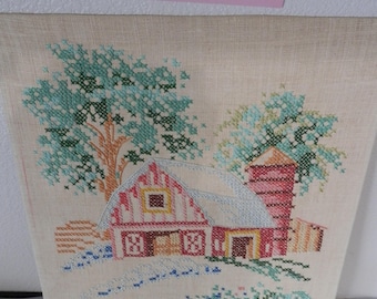 Cross Stitch Barn Silo Trees Fence by Quinella Needlework Sampler Cross Stitch Linen Evenweave Cotton Floss Vintage FREE Shipping in U.S.