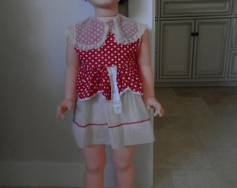 35” Uneeda “I Will Walk With You” Walking Doll w/ Original Outfit & Tag Brunette Hair Red Polka Dot Dress Shoes and Socks Uneeda U 18