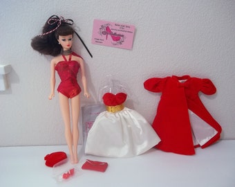 35th Anniversary Barbie Ponytail in Silken Flame Red Flare Ensemble Reproduction Brand New Doll Shoes Dress Coat Hat Mule O/T Heels De Box