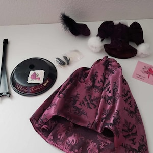 May include: A doll outfit set with a burgundy skirt with a black floral pattern, a burgundy jacket with white trim, a black hat, and a doll stand.