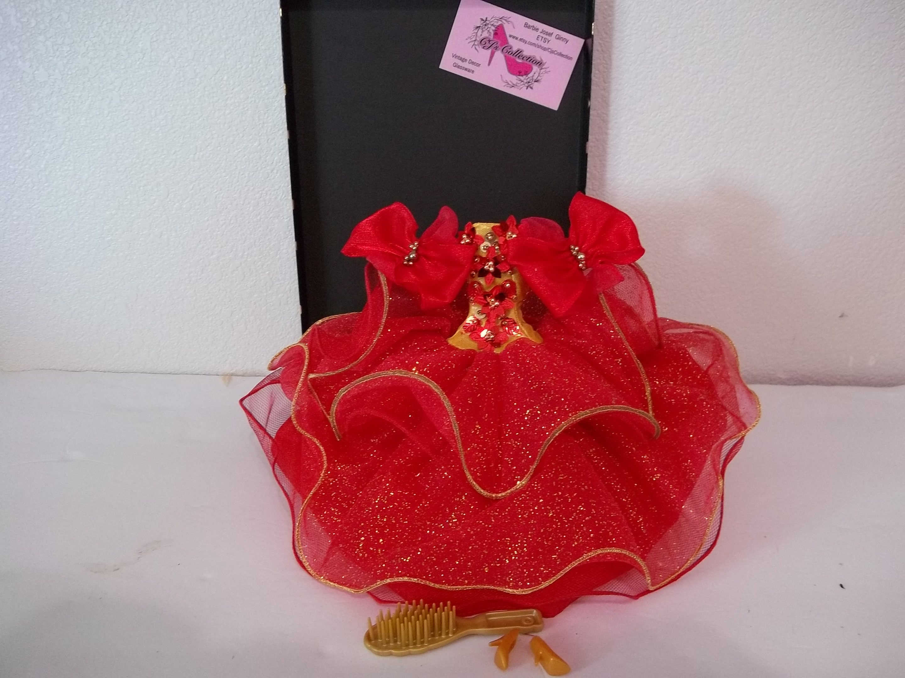 Holiday Barbie Ensemble Beautiful Red Gold Gown Gold Shoes Mattel Gown Doll  Stand New Ensemble Free Ship Within Continental U. S