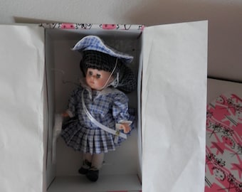 Vogue Ginny 8" Miss 1910's Vogue Doll Black Hair New in Box Plaid Dress Hat  EUC NIB Outer Sleeve Doll Stand Free Ship w/in Continental U.S.