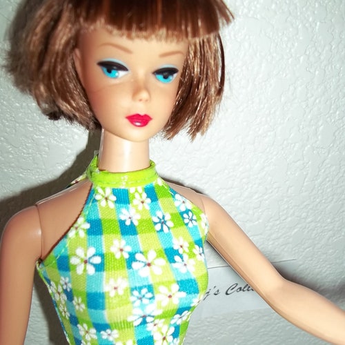 Reproduction American Girl Type Barbie Wearing Retro Mod Style Green Blue Plaid Dress Heels New DeBox Mattel FREE Ship W/in Continental U.S. main image 0