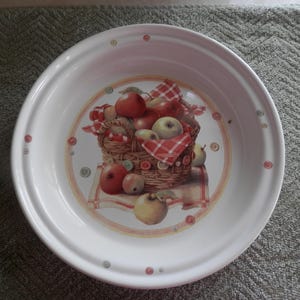 Taartbord 11" Marjolein Bastin keramisch aardewerk diepe schotel vintage jaren 1990 appels rieten mand knoppen geblokt servet GRATIS verzending binnen VS