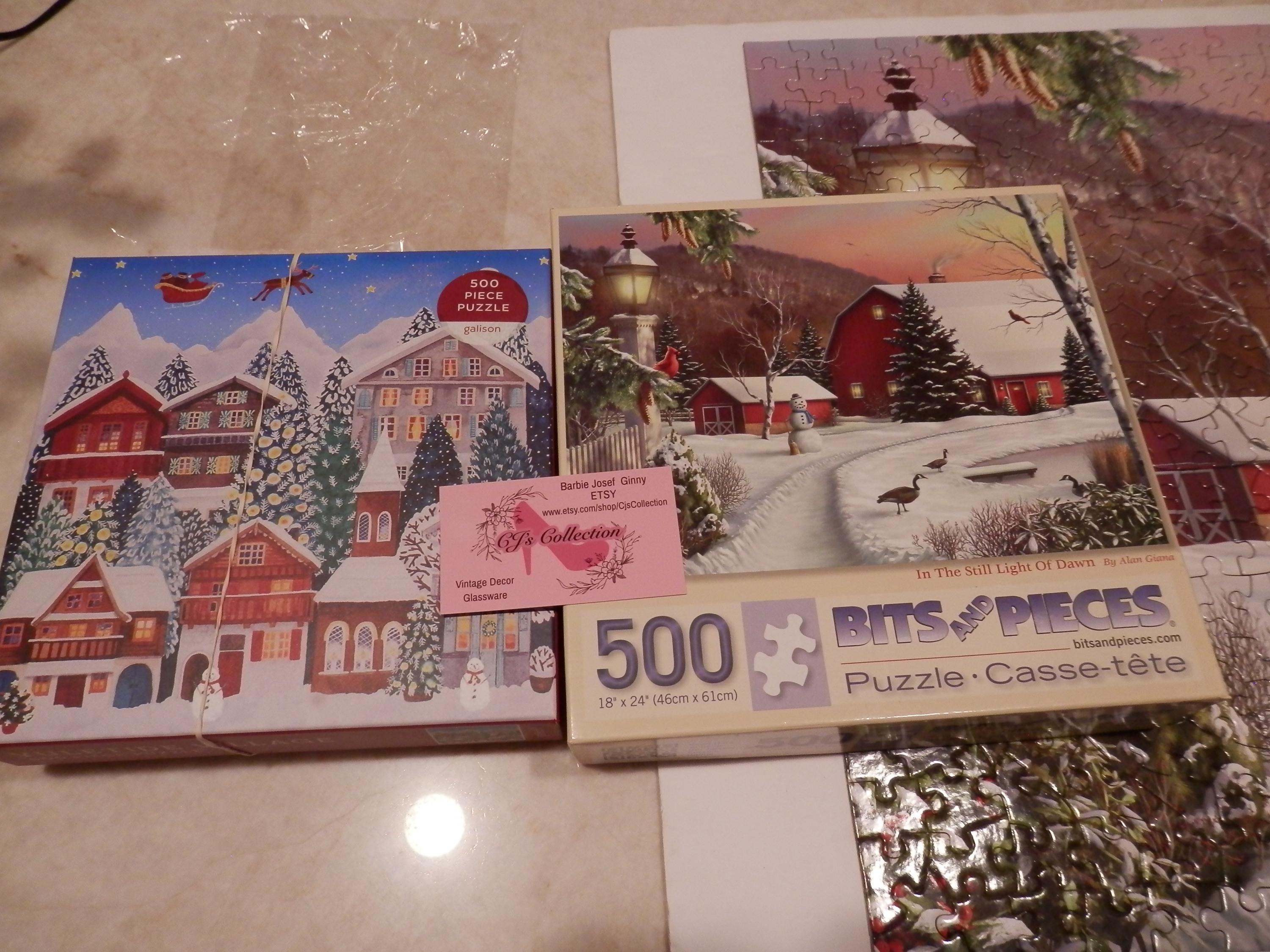 Two Christmas Puzzles 500 piece In the Still Light of Dawn Bits Pieces  Yuletide Village Quality Pieces Free Ship in Cont US