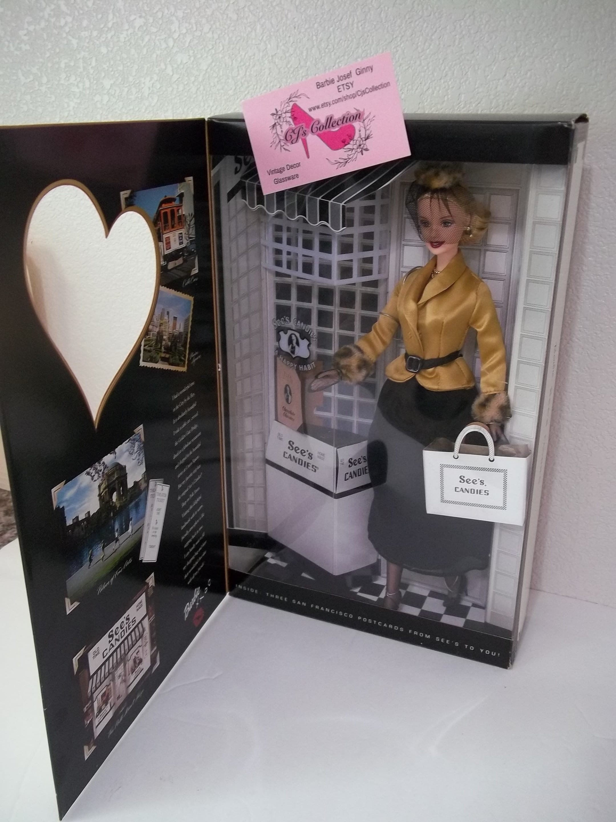 See s Candy Barbie l Left MY Heart in San Francisco Mattel 53488 Stand Shoes Nylons Gloves Faux Fur Blonde Jewelry See s Candy Very Nice
