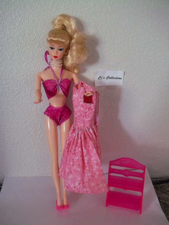 SALE Barbie Ponytail Lemon Blonde Repro in Swimsuit Dress Pink
