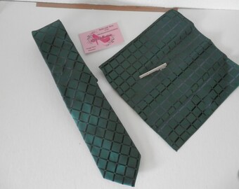 Tie Designer Emerald Green Plaid Pocket Hanker Chief Block Squares Silver Tie Clip  3 Piece Set FREE Ship in US