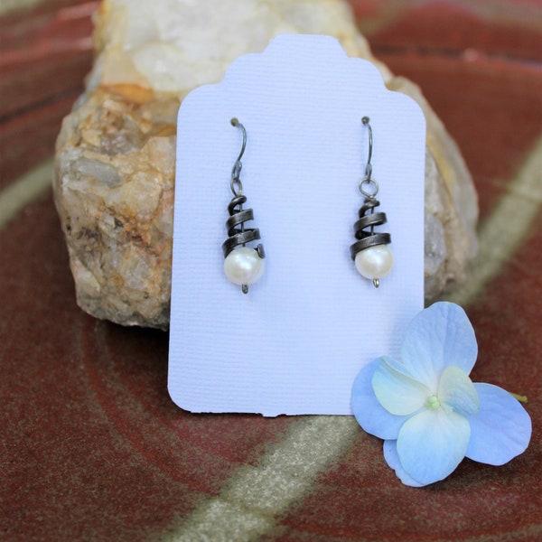 Iron Jewelry: Hand-forged Iron Spiral and White Pearl Earrings