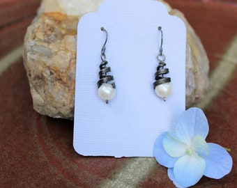 Iron Jewelry: Hand-forged Iron Spiral and White Pearl Earrings