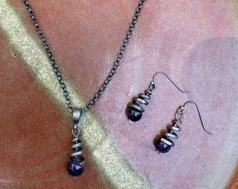 Forged iron spiral and amethyst necklace with or without matching earrings