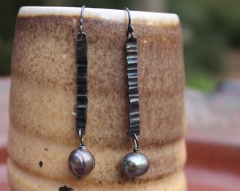 Forged Iron Textured Bar Earrings with large grey Freshwater Pearls