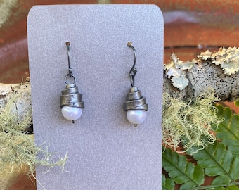 Iron Jewelry: Forged Iron and White Freshwater Pearl Earrings