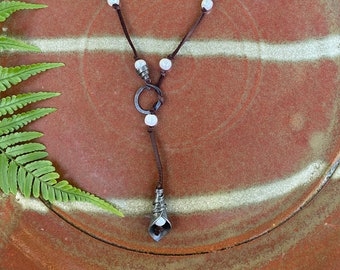 Leather and Pearl Lariat with Forged Iron Calla Lily