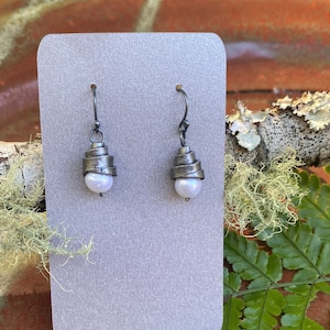 Iron Jewelry: Forged Iron and White Freshwater Pearl Earrings