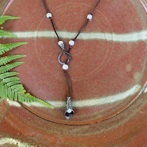 Leather and Pearl Lariat with Forged Iron Calla Lily