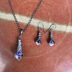 Forged Iron Calla Lily and Amethyst Pendant with Matching Earrings