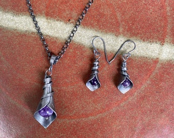 Forged Iron Calla Lily and Amethyst Pendant with Matching Earrings