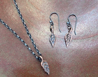 Forged Copper Leaf with veins Necklace with or without matching earrings