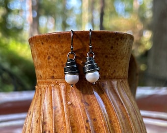 Iron Jewelry: Forged Iron and White Freshwater Pearl Earrings with darkened patina