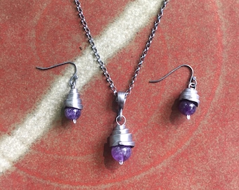 6th anniversary - Forged Iron Wrap and Purple Amethyst Set - Necklace and Earrings
