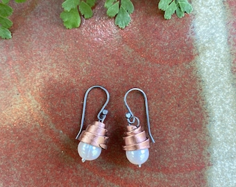 7th anniversary - Forged Cooper Wrap and White Freshwater Pearl Earrings