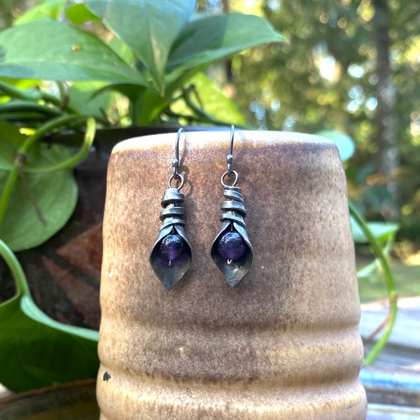 Iron Jewelry: Forged Iron Calla Lily and Purple Amethyst Earrings