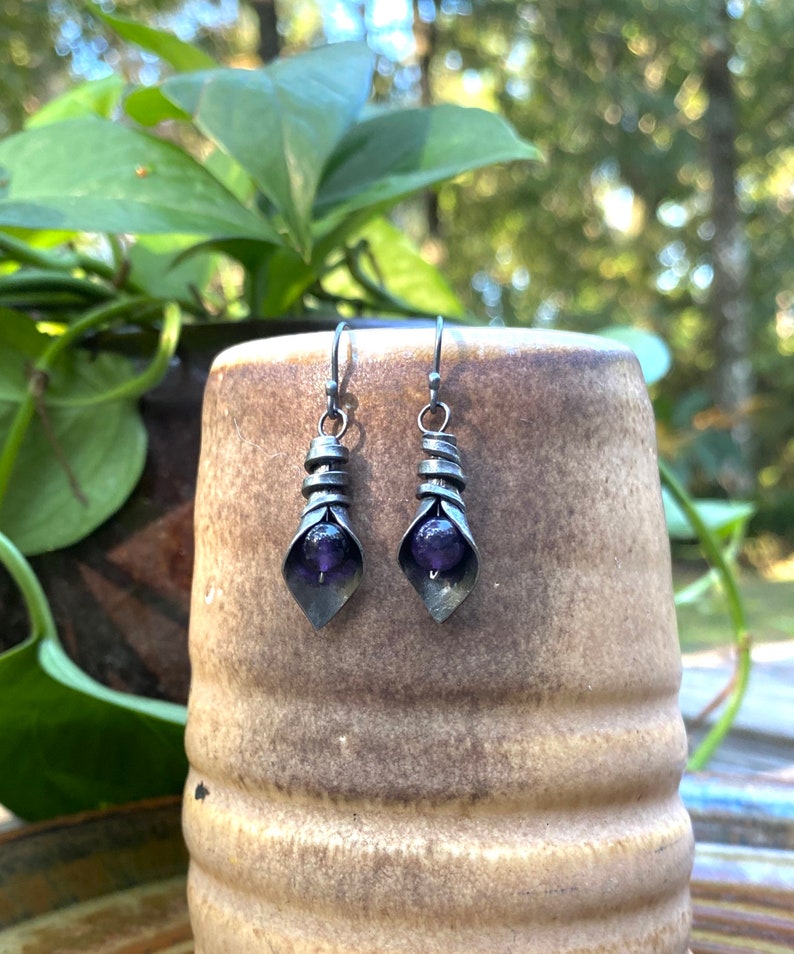 Iron Jewelry: Forged Iron Calla Lily and Purple Amethyst Earrings image 1