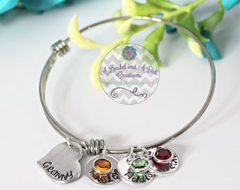 Custom Hand Stamped Grandmother/Mother adjustable bangle bracelet with birthstones